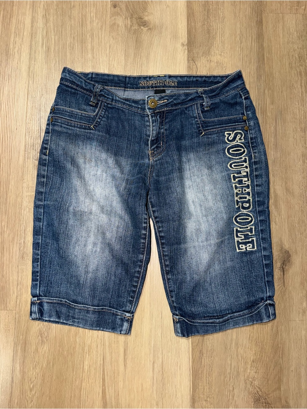 South Pole Women's Blue Denim Bermuda Shorts with Side Branding